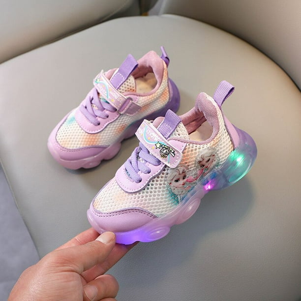 Frozen Kids Light Shoes Girls Children's Led Elsa Casual Sneakers Transpirable Soft Anti-Slip Running Sports Shoes30 Gao Jinjia LED