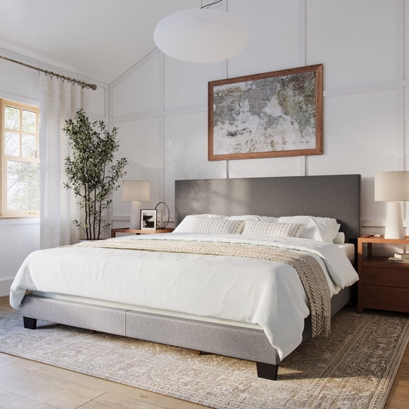 CorLiving Celeste Modern Upholstered Adult King Bed Frame with Headboard, Box Spring Required, Grey