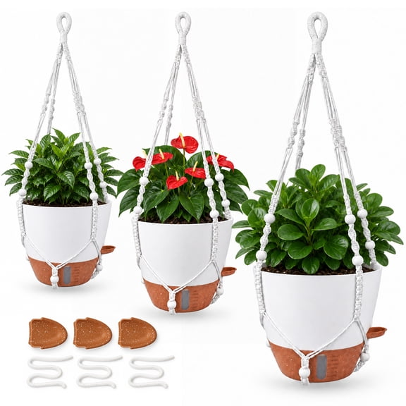 Self Watering Hanging Planter, 8/10/12 Inch 3 Pack Flower Pots Planters with Macrame Hangers, Plastic Planters Spot with Drainage Holes and Saucers for Indoor Outdoor Garden Plants and Flowers, White