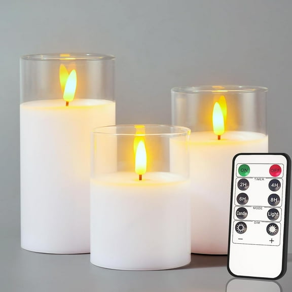 Glass Battery Operated LED Flameless Candles with Remote and Timer, Real Wax Candles Warm Color Flickering Light for Festival Wedding Home Party Decor(Pack of 3)