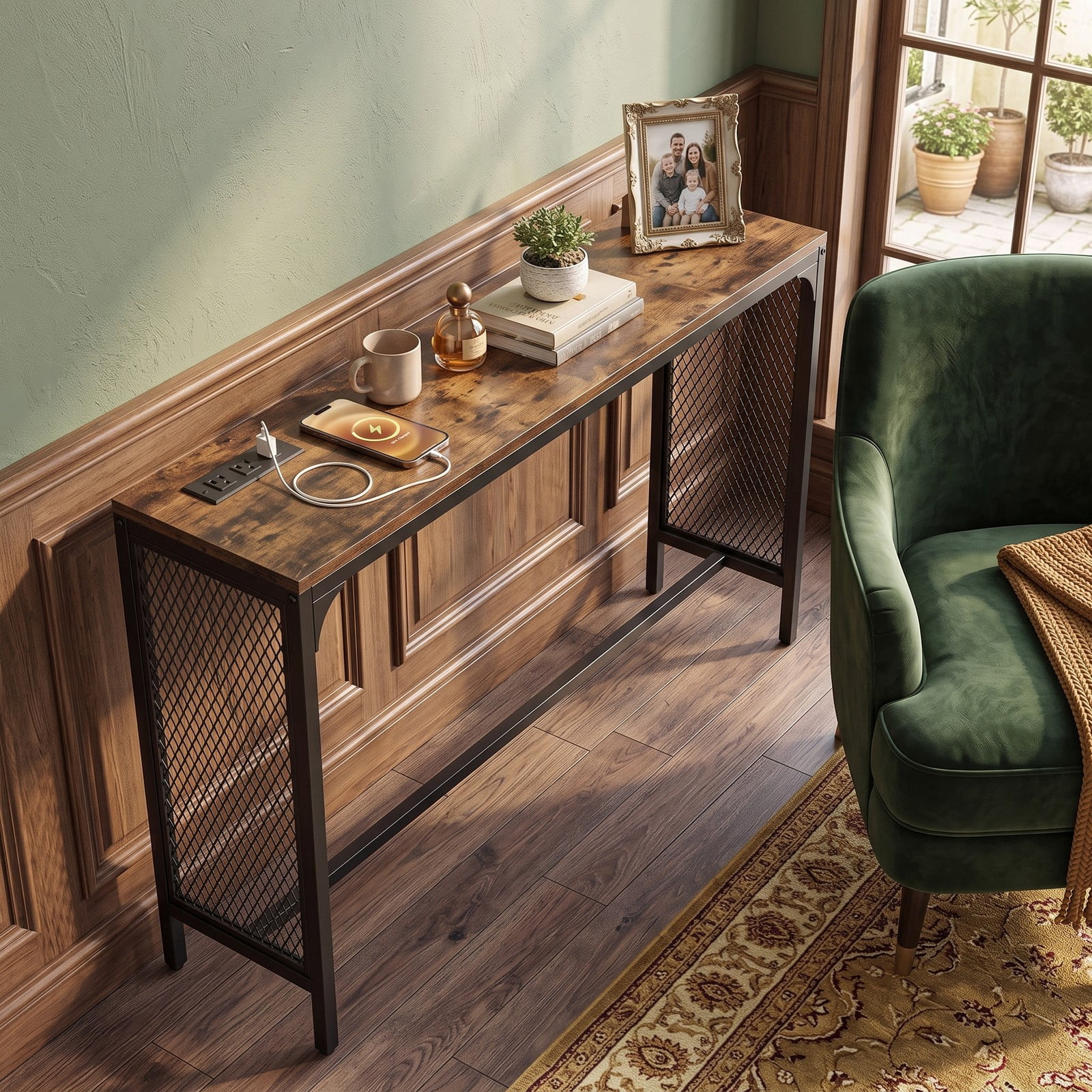 Furnibear 71 Inch Narrow Console Table with Power Outlet and USB Ports and Metal Mesh Frame for Small Space, Rustic Brown