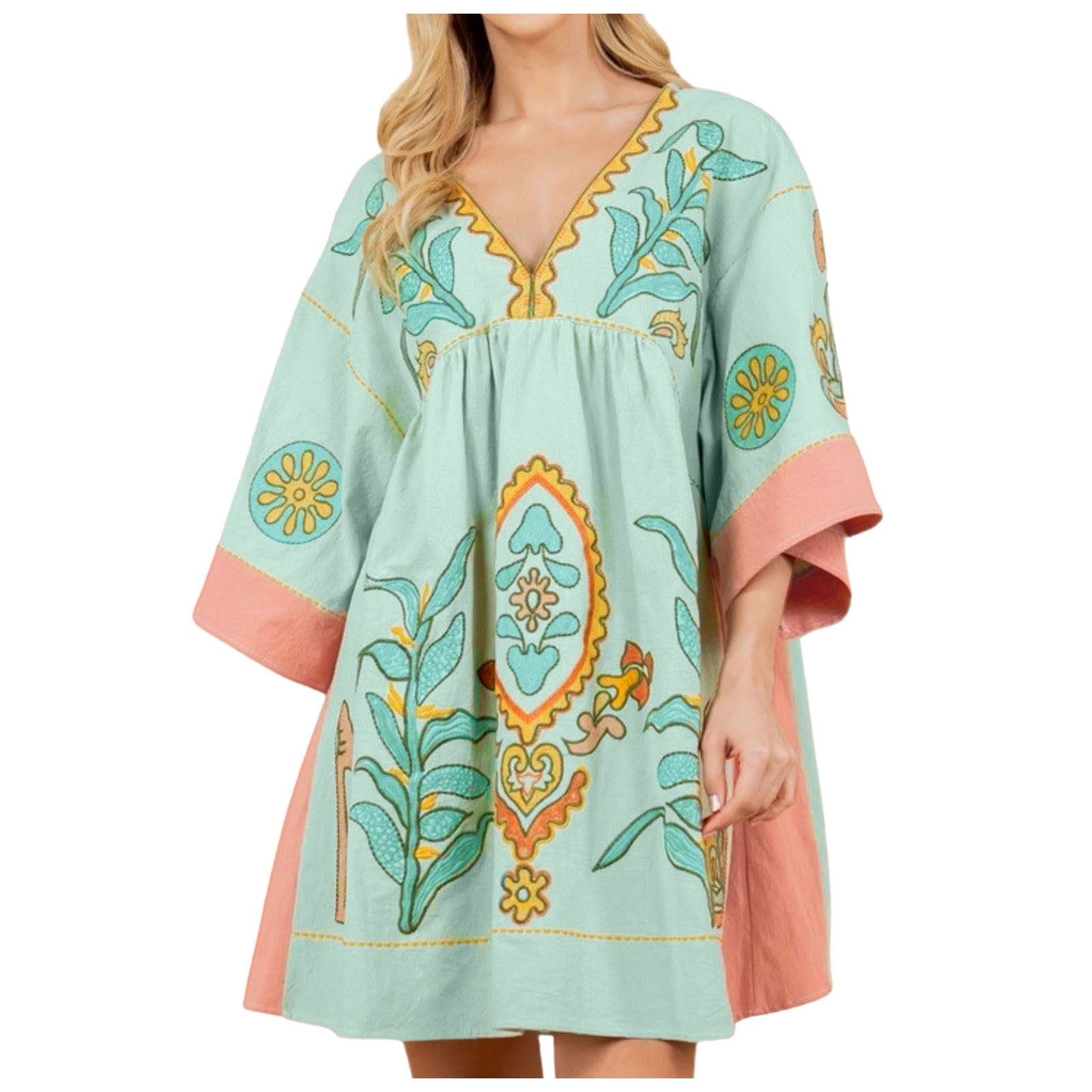 Icvfdpl Womens Dresses Summer,Embroidered With Neck 3/4 Sleeves Loose Fit  Vintage Embroidery Dress Elegant Beach Dress For Women,S - Walmart.ca