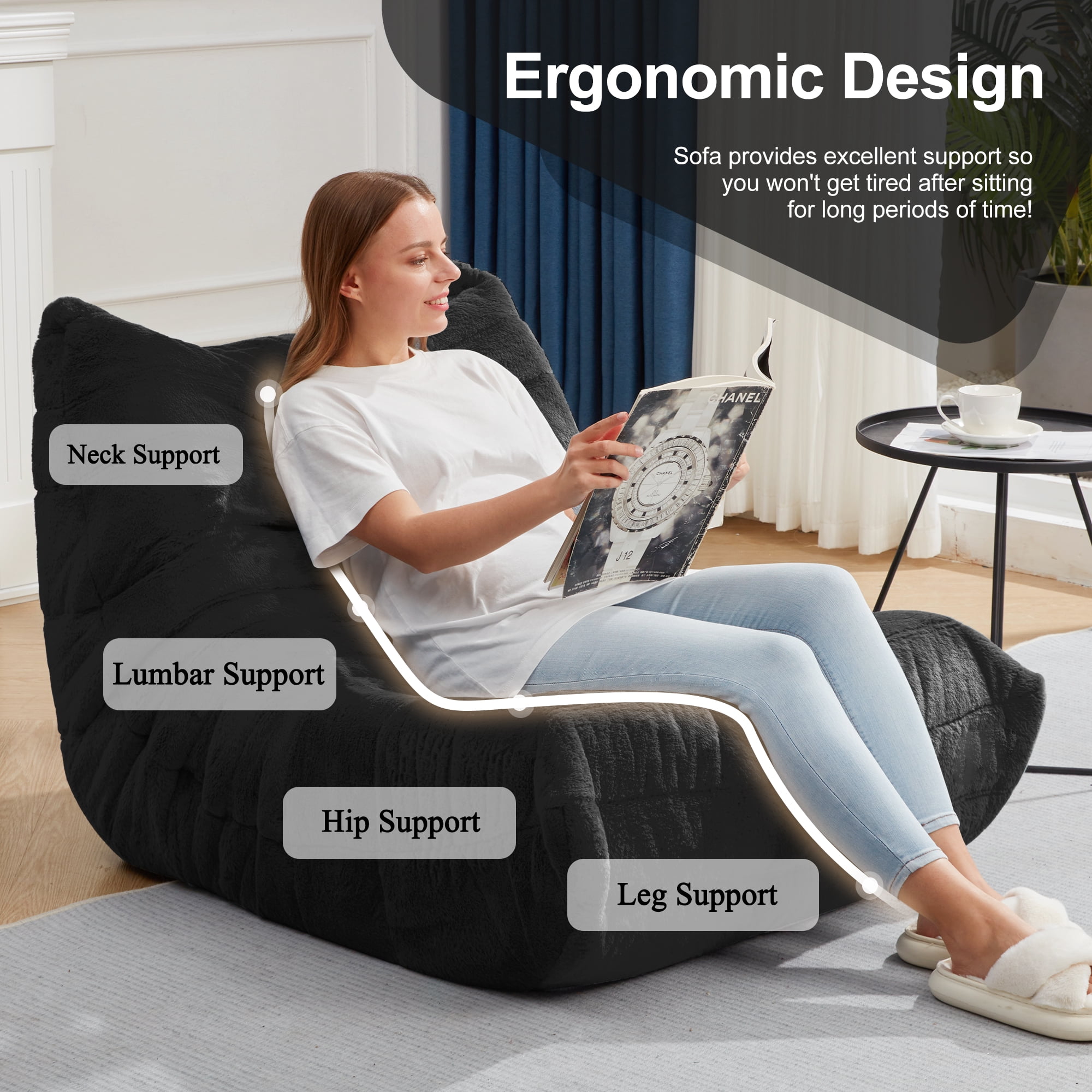 Hobestluk Bean Bag Chairs for Adults Giant BeanBag Chair Sofa Memory Foam Bean Bag Chair Faux Fur Fireside Bean Bags Big Lazy Sofa for Living Room Bedroom Dorm Office (Black Plush)