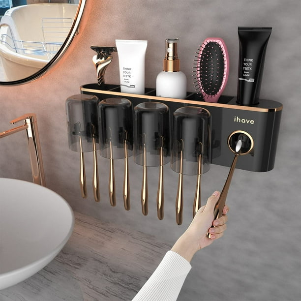 Soporte para cepillos de dientes y accesorios de baño con dispensador de pasta de dientes