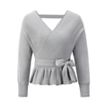 thumbnail image 4 of Txlixc Prendas de Punto de Estilo Suelto para Mujer, Jersey de Dobladillo con Volantes de Manga Larga con Cuello en V Profundo de Color Sólido Txlixc Moda, 4 of 7