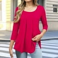 thumbnail image 2 of Crunowin Women's Round Neck Pleated Blouse Tops 3/4 Sleeve Solid Tops Hot Pink Size M, 2 of 5