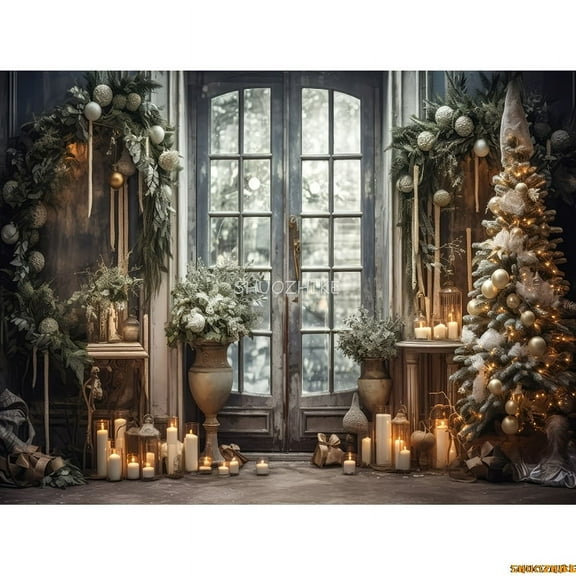 Christmas Tree With Gift Boxes Photography Backdrops Winter Snow rations Wood Door Fireplace Room Background Props WR-17