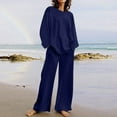 thumbnail image 2 of ibuvkizy Two Piece Sets for Women,Summer Women's Casual Shoulder Sleeved Long Sleeved Round Neck Top/Loose Straight Tube with Pocket Long Pants Set Blue,XL, 2 of 6