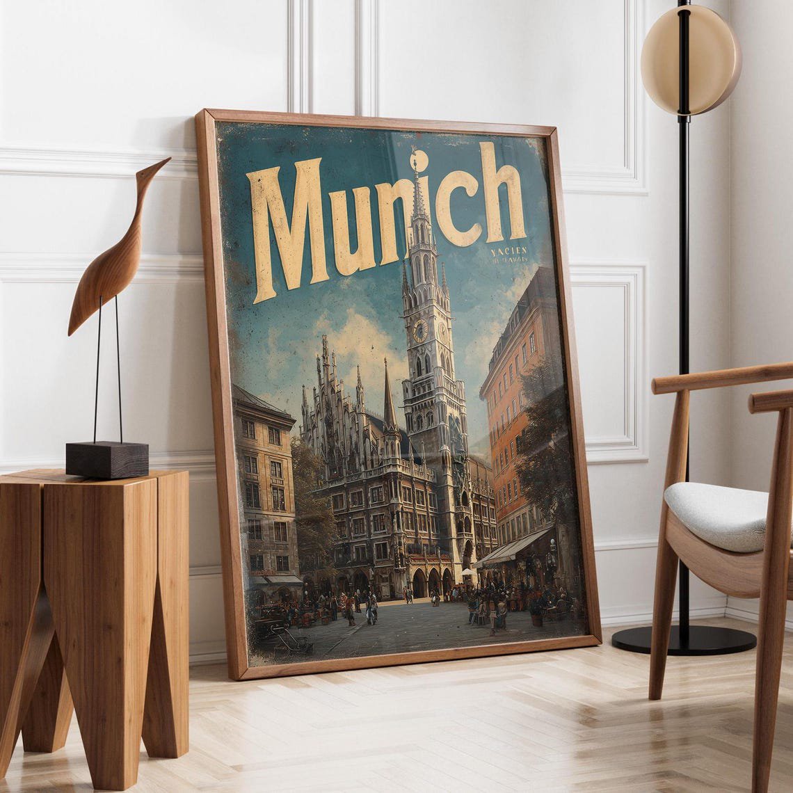 Munich Travel Poster, Vintage Marienplatz Germany Wall Art