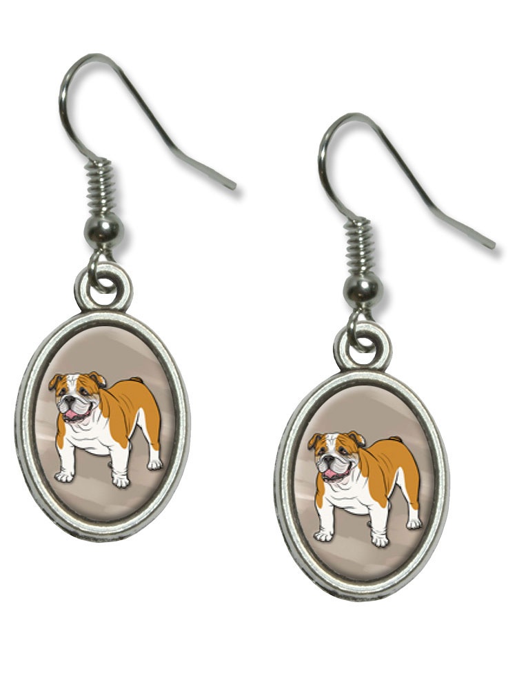 English Bulldog Pet Dog Dangling Drop Oval Earrings