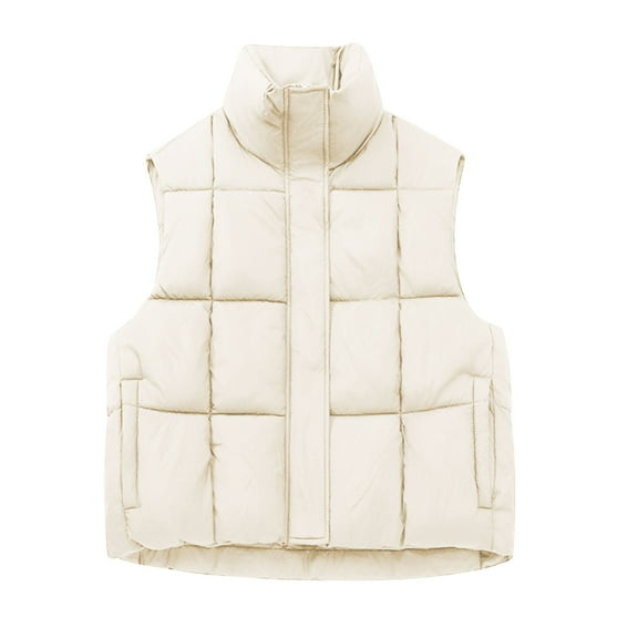 Htigea Womens Cropped Padded Vest Zip Up Stand Collar Sleeveless Jackets Lightweight Fall Winter Coats with Pockets White M