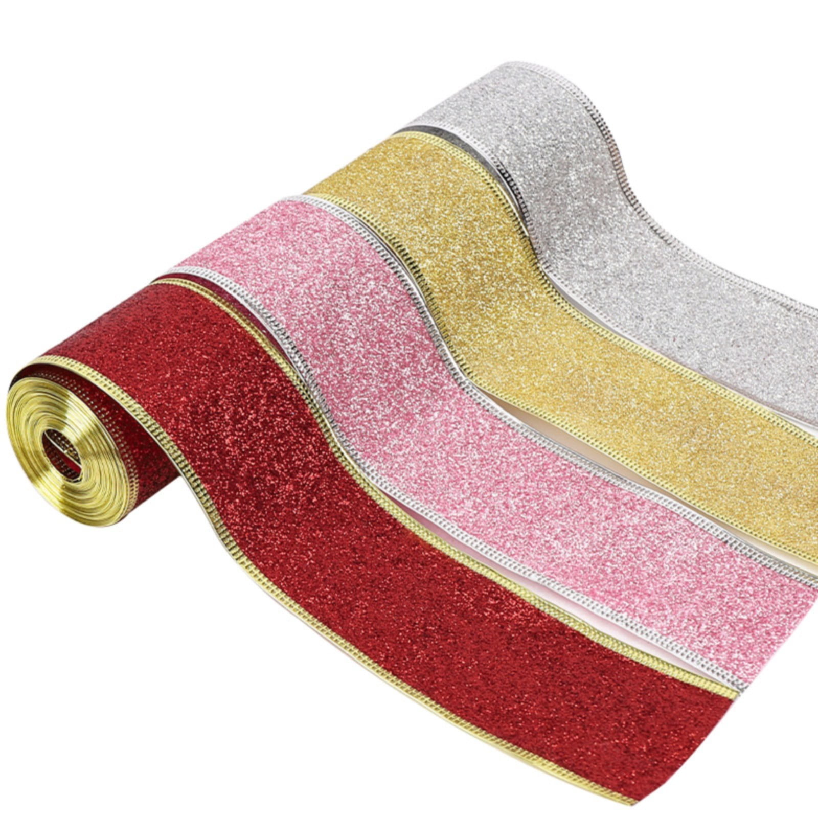 iOPQO 2PCS Room Decor Wide Shimmers Christmas Ribbon With Gold Wired Edge Glitter Metallic Gift Wrapping Ribbons For Xmas Gift Package Wrapping Winter Season Festival Diy Crafts Decor Home Decor