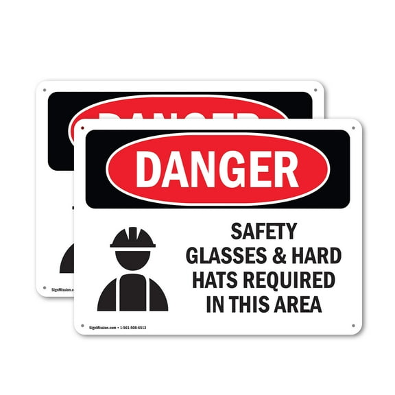 (2 Pack) Safety Glasses And Hard Hats Required Symbol OSHA Danger Sign 14 Inch X 10 Inch Plastic Sign, Weather Resistant, UV Protected for Workplace, Business, and Construction Site,