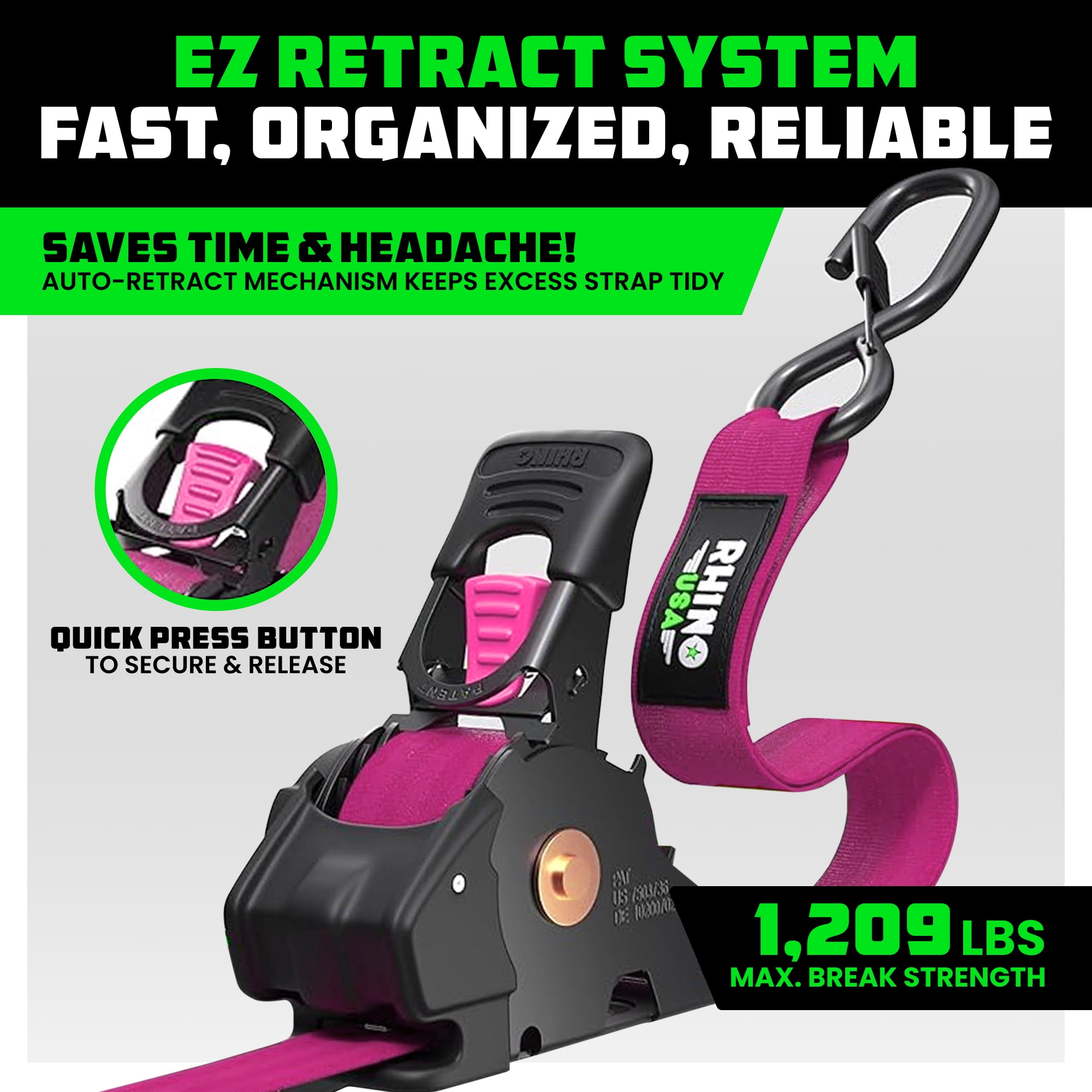 Rhino USA Retractable Ratchet Straps (2-Pack) - 1 Inch x 10 Feet (1,209lb Break Strength) - Auto Self Retracting Tie Down Straps for Truck, Cargo Trailer, Motorcycle, ATV, UTV - Pink