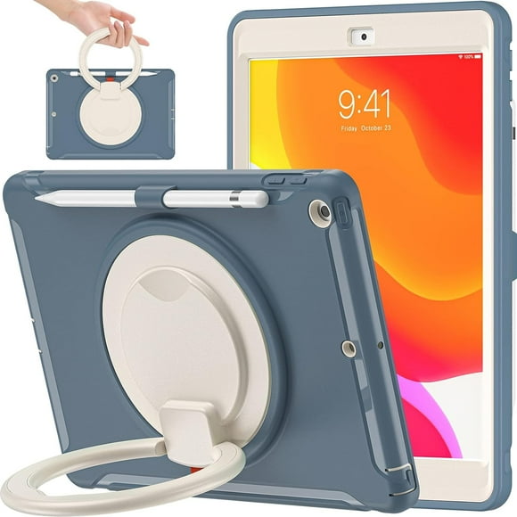 KOMI for iPad 9th/ 8th/ 7th Generation Case (iPad 10.2 inch Rugged Case 2021/2020/2019) with Screen Protector, Rotating Stand/Pencil Holder/Carrying Shoulder Strap