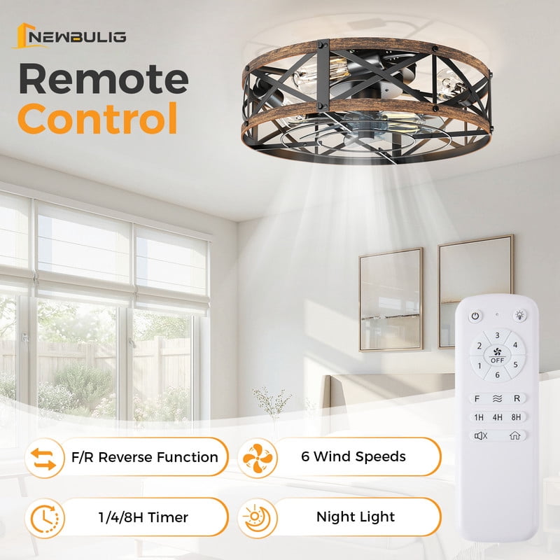 Gianna 19 Inch Ceiling Fans with Lights, Caged Ceiling Fan with Remote, Farmhouse Low Profile Fandelier, Flush Mount for Living Room Bedroom,6 Wind Speeds, Gold