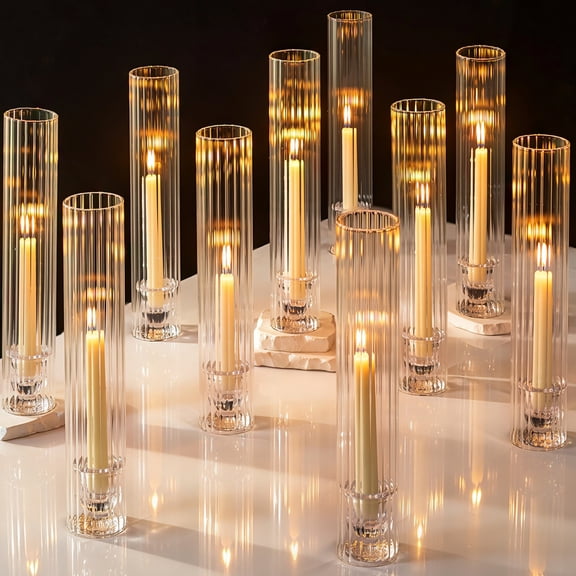 Glasseam Set of 10 Ribbed Hurricane Candle Holders, 12.6" Tall Windproof Glass Shade Base Set for Standard Taper Candles, Elegant Centerpiece Decor for Fall Thanksgiving Christmas Wedding Fireplace