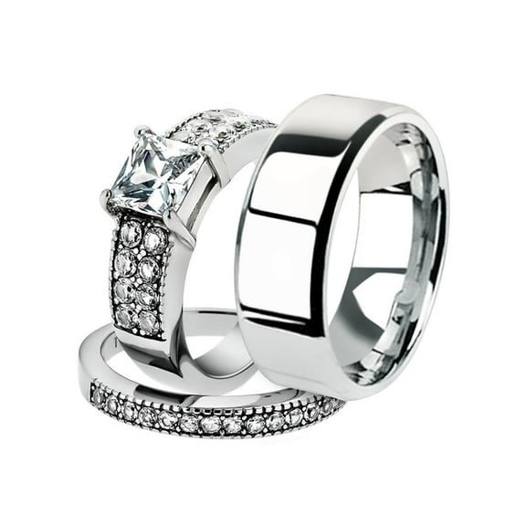 His and Her 3pc Stainless Steel 2.07 Ct Cz Bridal Ring Set and Men Beveled Edge Band Women's Size 10 Men's 06mm Size 11