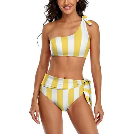Yellow And White Vertical Stripes One Shoulder Bowknot Swimsuit Two Piece Swimsuit Knot Crop Top Bikini High Waisted Bathing Suit