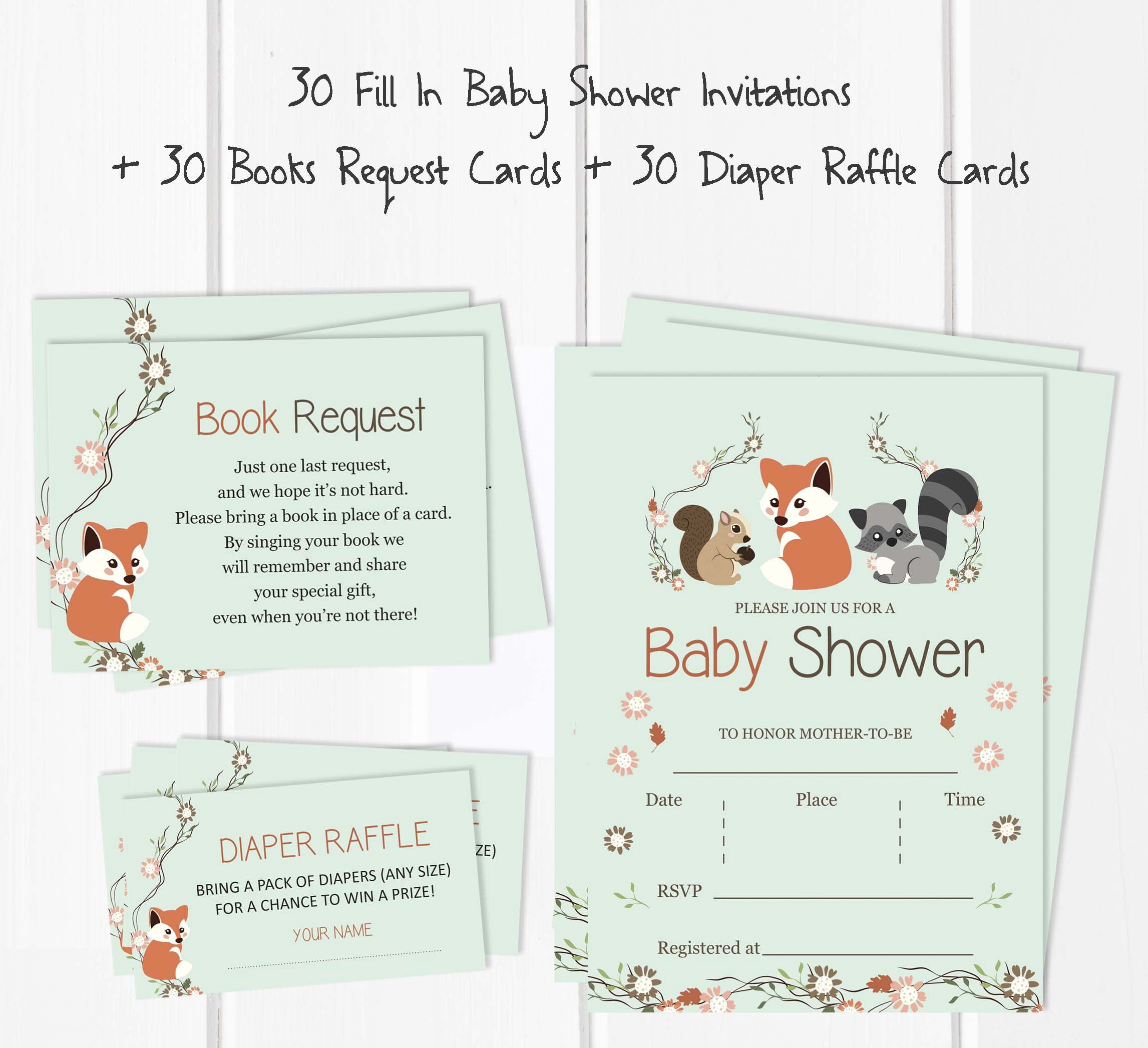 Inkdotpot Set Of 30AnimalsBaby Shower Invitations-Diaper Raffle Tickets And Baby Shower Book Request Cards-Gender Neutral Invites-Its A Boy-Its A Girl