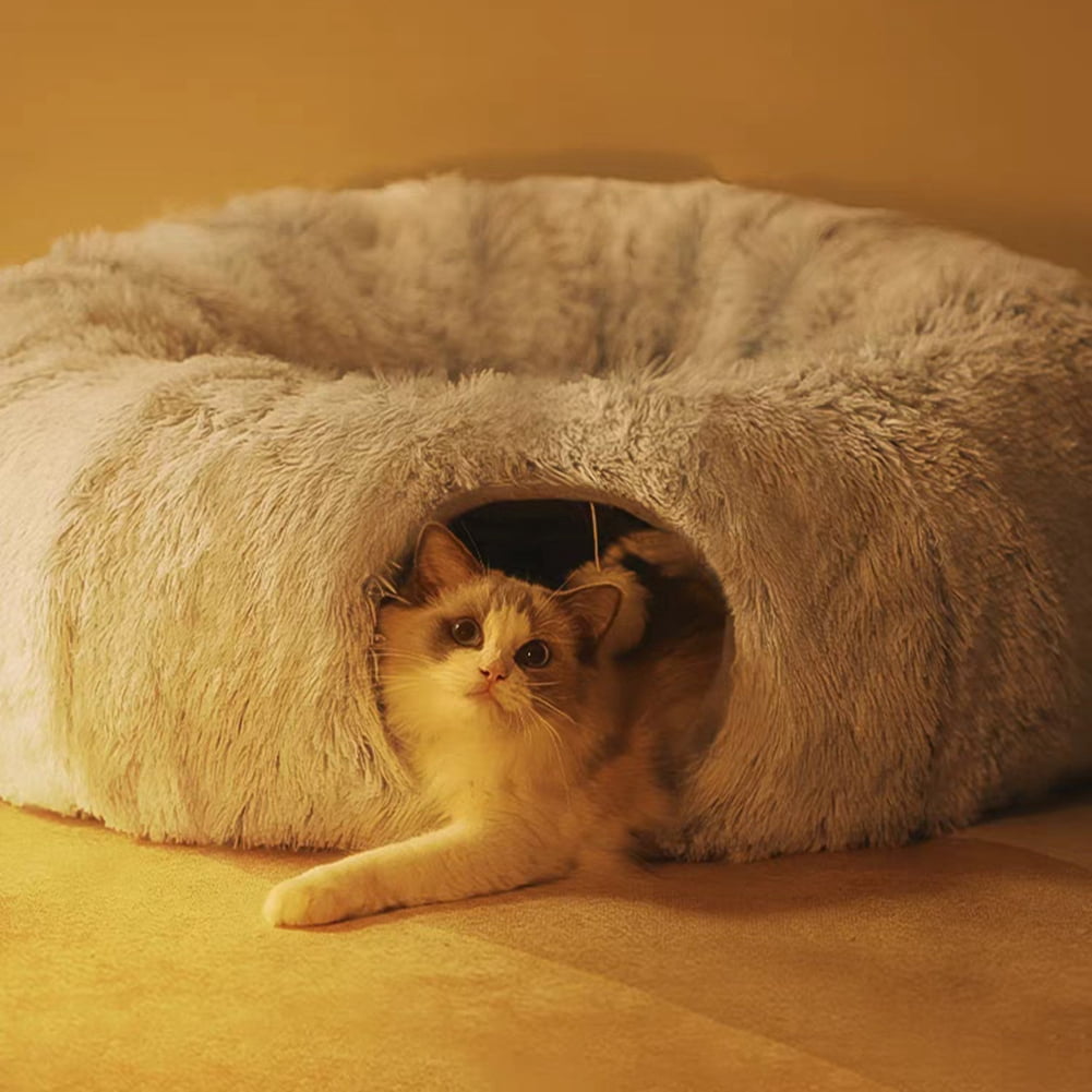 Warm Fluffy Plush Cat Dog Tunnel Bed with Washable Cushion-Big Tube Playground Toys Longer Crinkle Collapsible 3 Way, for Indoor Cat Kitten Puppy Rabbit Grey