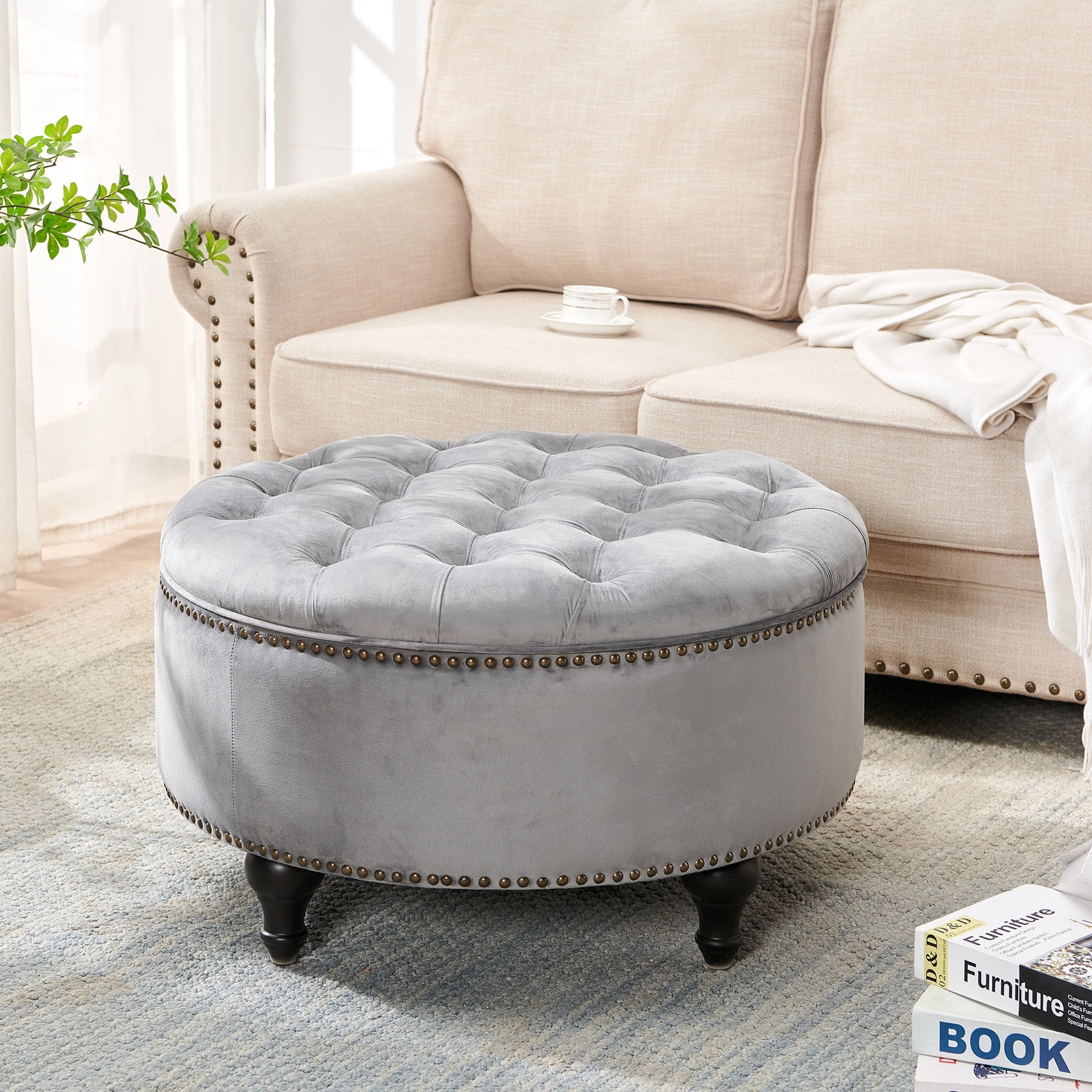Nathaniel Home, 30" Round Storage Ottoman Footstool with Removable Lid, Button Tufted Ottoman Coffee Table with Legs, Large Ottoman with Storage for Bedroom, Gray