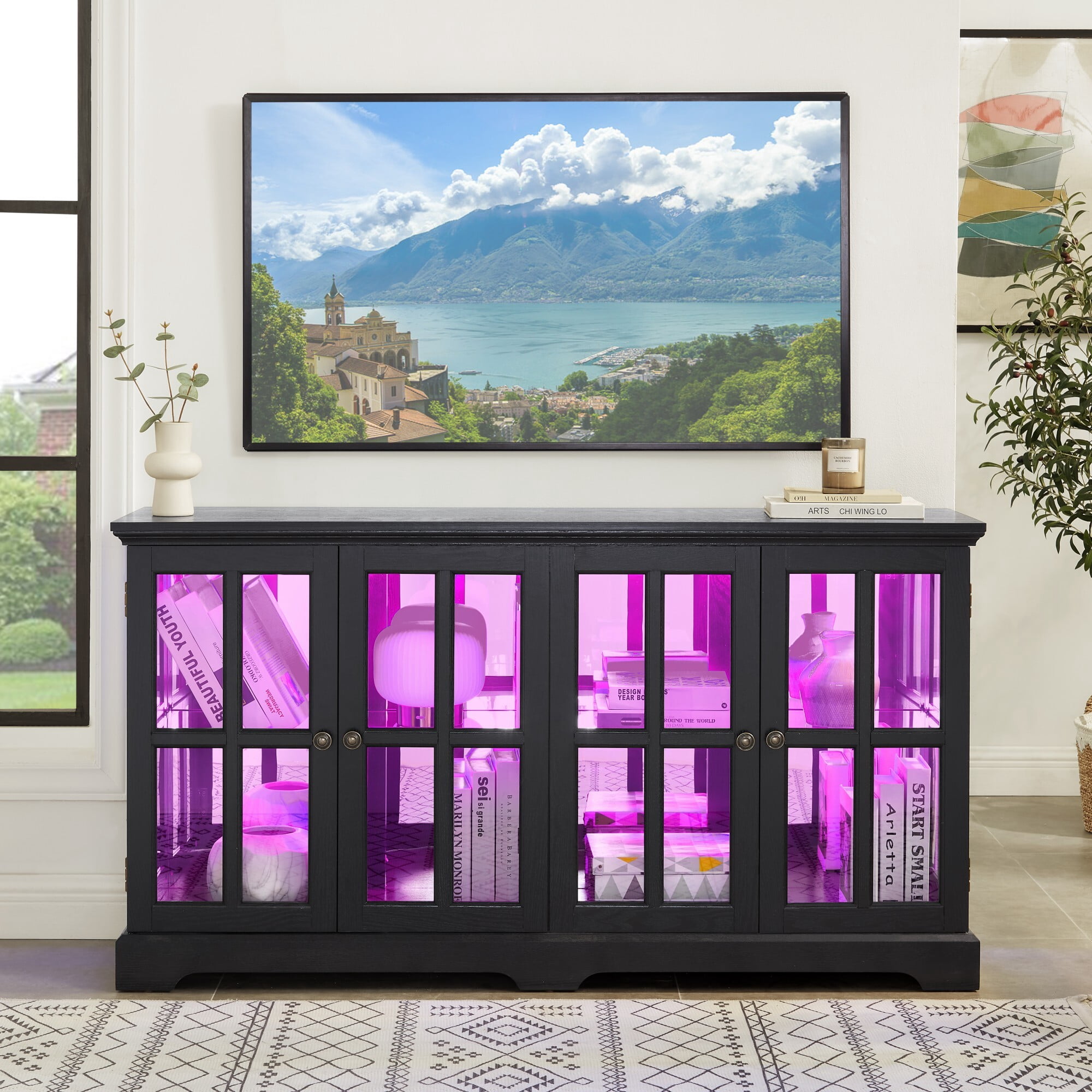 AENKYO Retro LED Glass Display Cabinet with Adjustable Shelves, Vintage Style Curio Showcase for Home, Antique Black