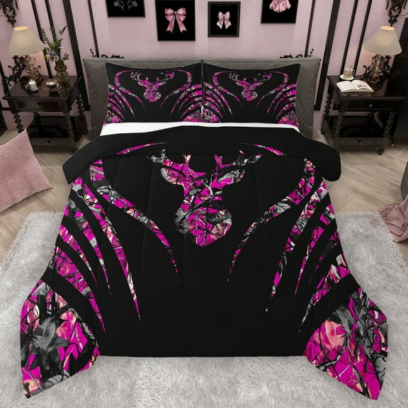 Manfei Wild Deer Silhouette Bedding Comforter Set,Jungle Animal Twin Comforter Sets,Pink Black Bedding Set For Boys Girls,Breathable Home Decor Reversible,2-Piece