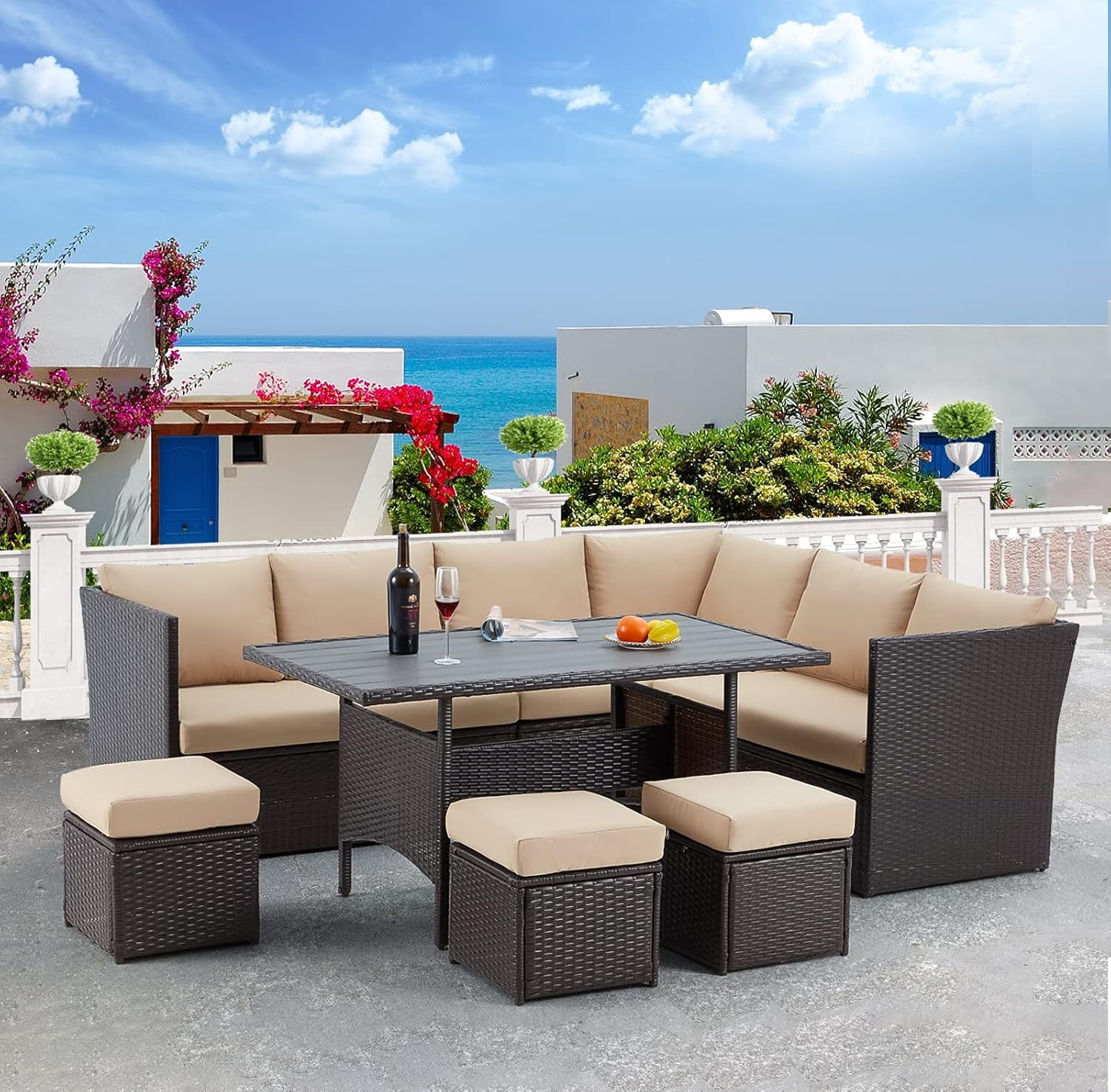 AECOJOY Patio Furniture Set, 7-Piece Rattan Wicker Sectional Sofa Couch, Outdoor Dining Conversation Set in Beige