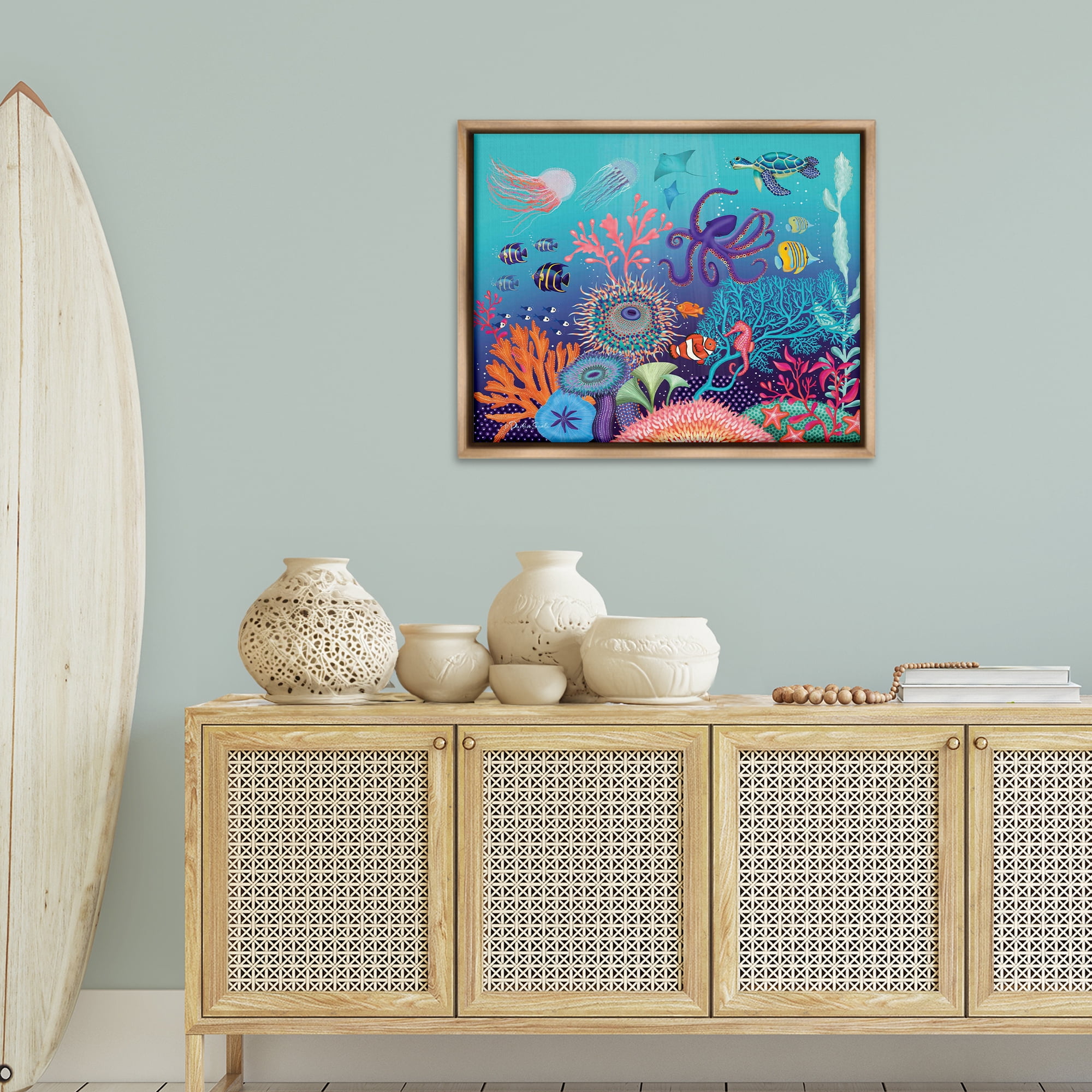Stupell Industries Magical Underwater Reef Nautical & Beach Painting Brown Floater Framed Canvas Art Print Wall Art, 25 x 31