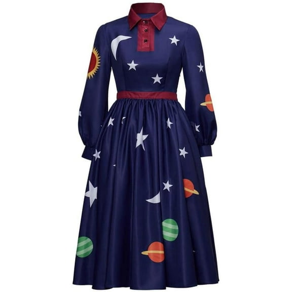 Magic School Bus Cloth Ms.Frizzle Dress Solar System Long Sleeves Dress Elegant Printed Blue Dress