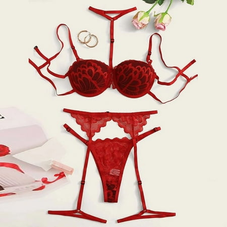 

YDKZYMD Women Teddy Lingerie Bodysuit Set 3 Pieces Lace V Neck Babydoll Chemise With Garter Belt Sexy Sheer Underwear Bra And Panty Set
