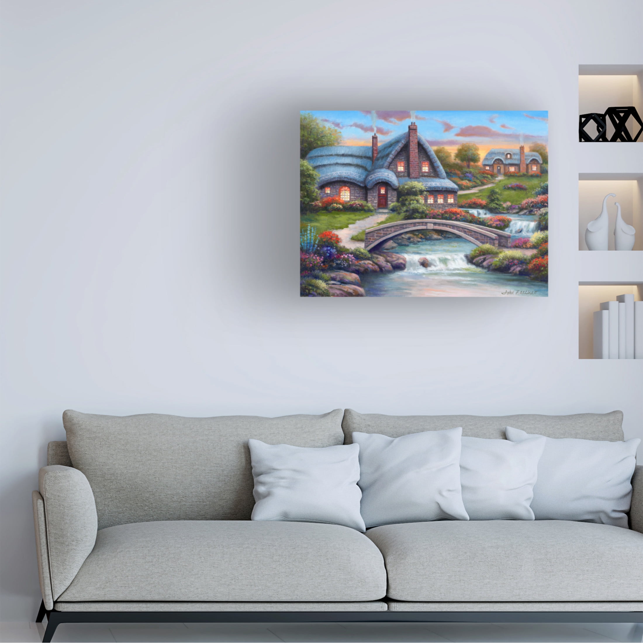 Canvas Wall Art - John Zaccheo 'Stone Bridge Cottages' Wall Art for Living Room, Bedroom, or Office Décor by Trademark Fine Art - 19 x 14 Inches