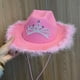 thumbnail image 2 of Sombrero vaquero rosa de mezclilla con plumas y corona de strass para adulto, 2 of 2