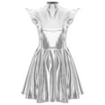 thumbnail image 3 of Nyeemya Women Holographic Shiny Dress Cap Sleeve High Waist Flared Aline Mini Dress Party Club Silver L, 3 of 7