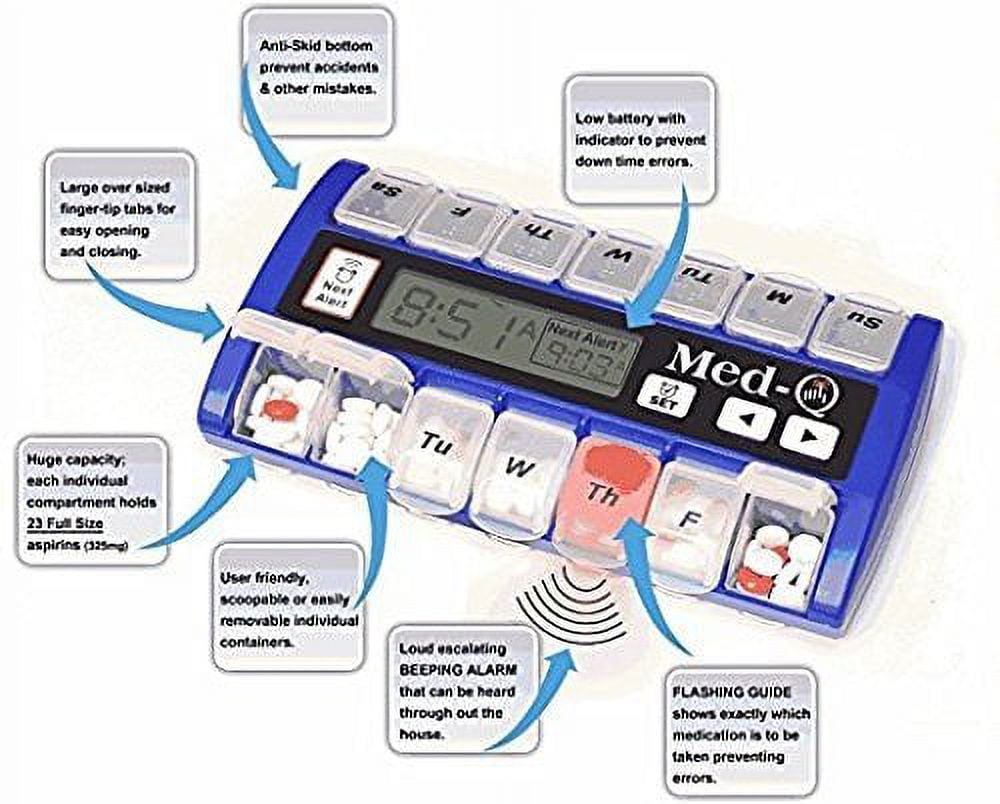 MED-Q Digital Pill Box Organizer, 2 Beep Reminder, LED Alert, Blue