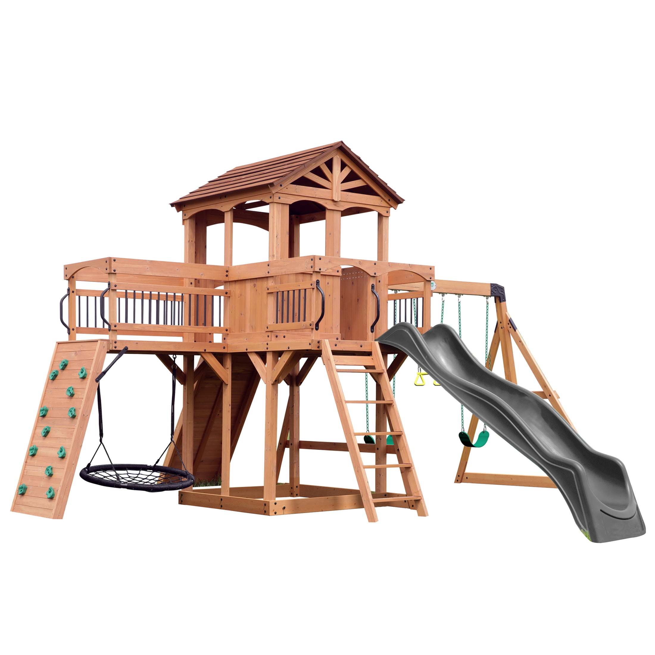 Backyard Discovery Sterling Point Cedar Wood Swing Set, Slide, Clubhouse, Wooden Bridge