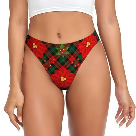 JUNZAN Christmas Plaid Flower Print Women s Sexy G-String Underwear Thongs Seamless Panties Undies Low Rise Thong Panties for Everyday Wear Yoga & Special Occasion-Small