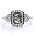 thumbnail image 1 of JeenMata Anillo de Compromiso de 1,75 Quilates con Cuarzo Rutilado Negro de Talla Esmeralda, Halo de Trilogía de Moissanita, Pavé de Canal, Baño de Oro Blanco de 18 K sobre Plata, 1 of 6