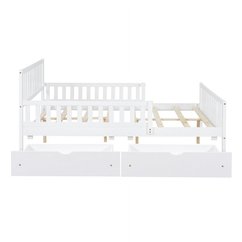 Euroco Wood Full Size Platform Bed with Guardrails and Drawers for Kids Teens Toddlers, White