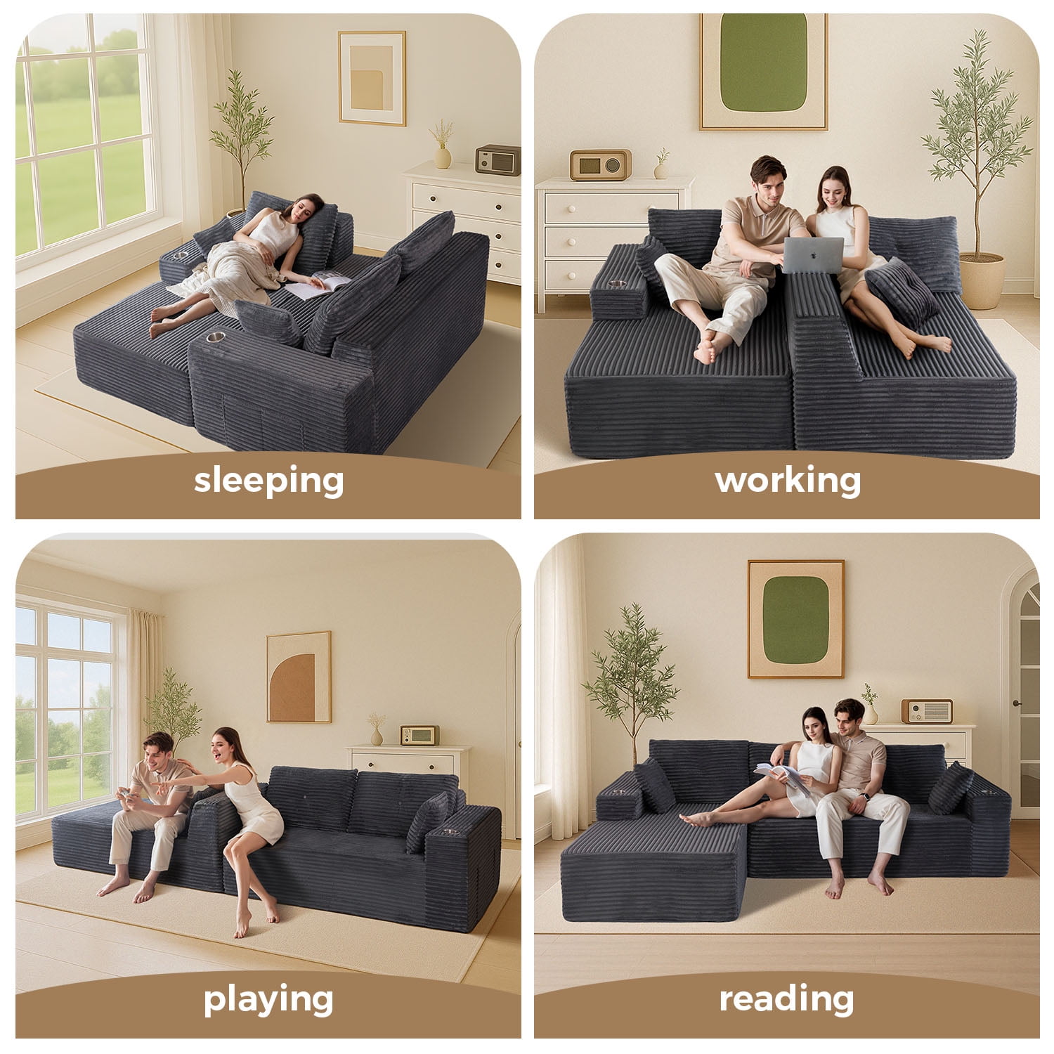 BYBYME 104" Cloud Sectional Couch with L-Shape Chaise Modern Comfy Modular Plush Corduroy Sofa for Living Room, No Assembly Required, Left Facing Chaise,Dark Grey