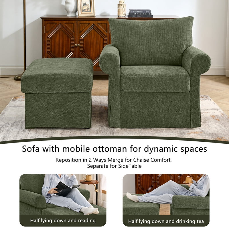 Oversized Single Sofa Chair w/ Ottoman Set, Chenille Accent Chaise Lounge, Modern Upholstered Armchair w/ Backrest Pillow