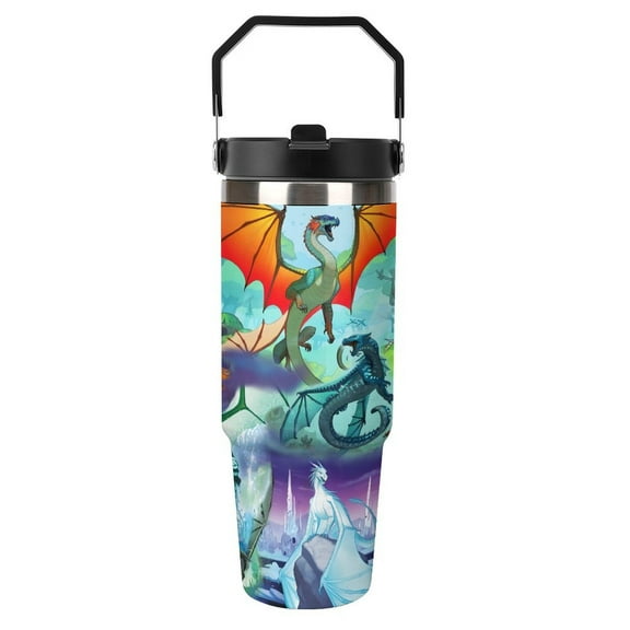 30oz Tumbler with Handle And Flip Straw Lid Wings Of Fire Stainless Steel Bottle Double Wall Insulated Travel Coffee Mug