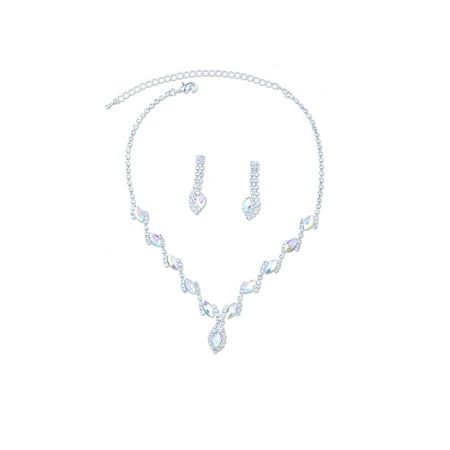 - Bridal Jewelry Set Silver Aurora Borealis Rhinestone Necklace Earring For Wedding