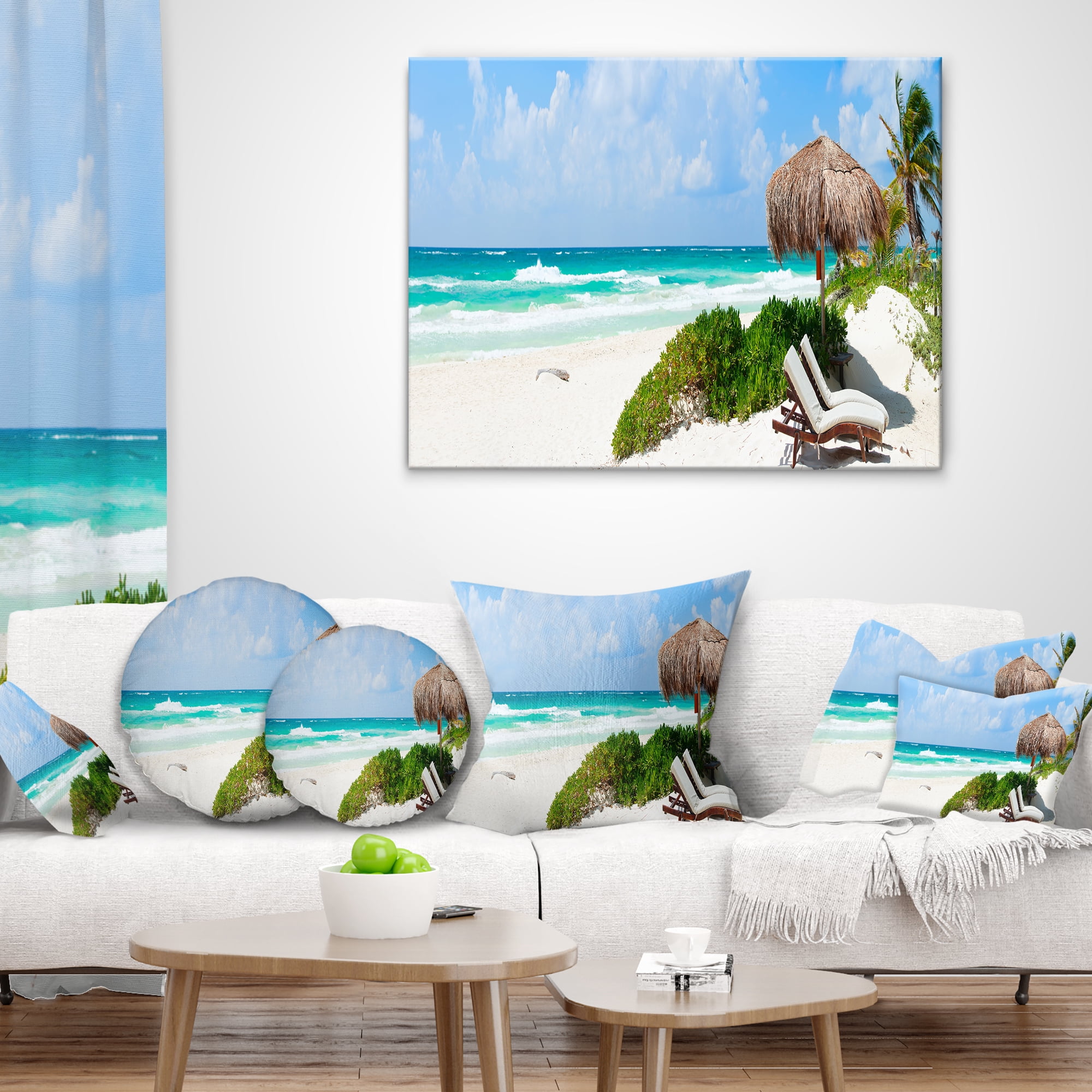 Designart Calm Caribbean Beach Panorama - Photography Landscape Printed Throw Pillow - 18x18