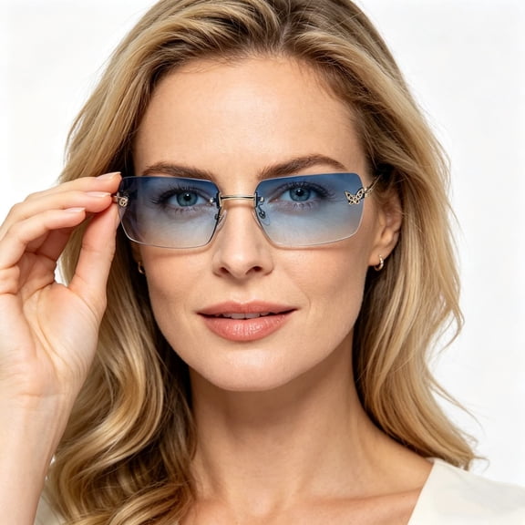 Rimless Square Sunglasses Fashion Gradient Eyewear with Diamond Inlaid Butterfly for Beach Driving Party
