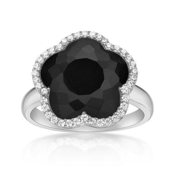 Black Onyx and Cubic Zirconia Five Petal Flower Ring for Women in 925 Sterling Silver Size 8 by Lavari Jewelers