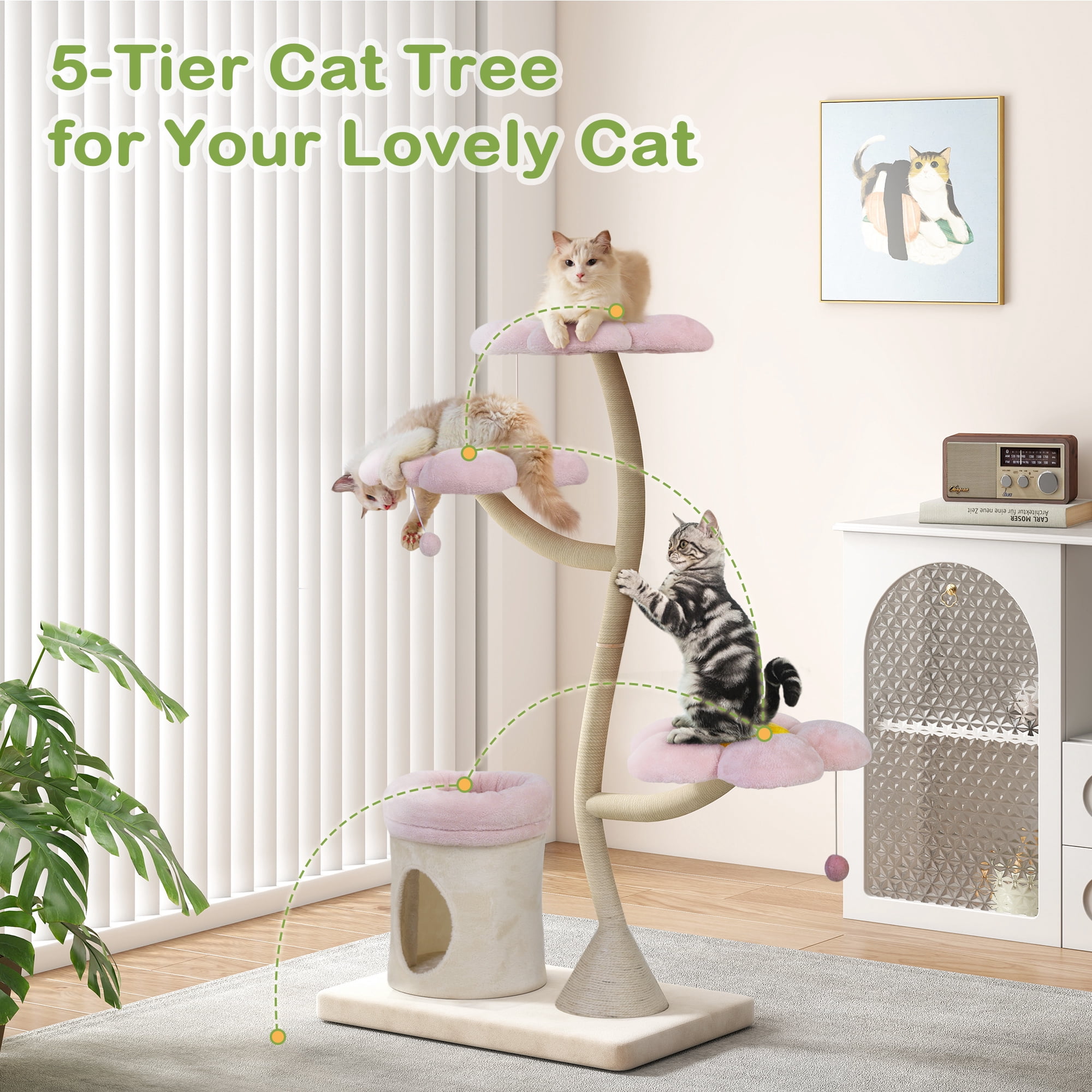 COZIWOW Modern Cat Tree for Large Cats, Cat Tree Tower Scratching Post with Condo, Flower Perch, Luxury Cat Gifts