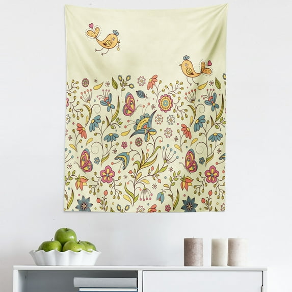 Floral Tapestry, Blooming Colorful Petals of Summer with Butterflies and Flying Birds Flora and Fauna, Fabric Wall Hanging Decor for Bedroom Living Room Dorm, 5 Sizes, Multicolor, by Ambesonne