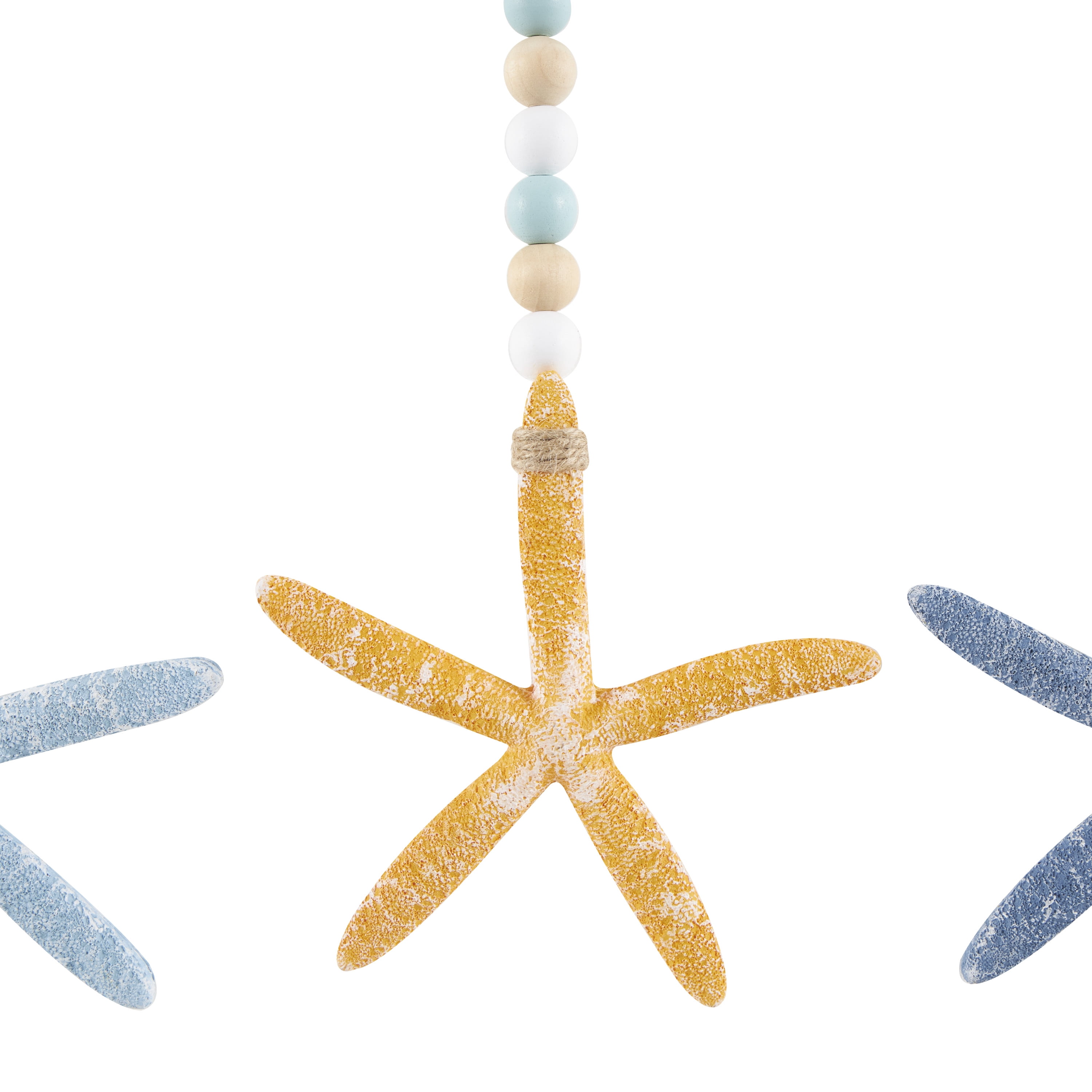 DecMode Blue Wood Handmade Textured Starfish Wall Decor with Long Beaded Hanging Rope (3 Count)
